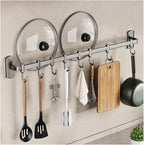 Kitchen Hooks Rail with 8 Adjustable Hooks, Aluminum, 100% Aluminum, Modern, Minimalist, Wall Mount, Kitchen Utensil Rack, Grey, 45cm