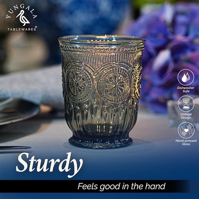 Yungala Black Glassware set of 6 smoke drinking glasses, 8 oz water glasses textured colored vintage glass cups dishwasher safe