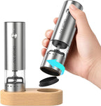 CIRCLE JOY Mini Rechargeable Salt and Pepper Grinder Set with Wooden Base, Dust Cover and External Adjustment, Stainless Steel Electric Pepper Mill Grinders for Kitchen, Outdoors and Travel, Silver