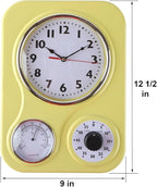 Lily's Home - 9.5 Inch x 12.5 Inch - Retro Kitchen Wall Clock, Vintage Wall Clock with a Thermometer and 60-Minute Timer, Ideal for Any Kitchen, Office, or Diner (Yellow)
