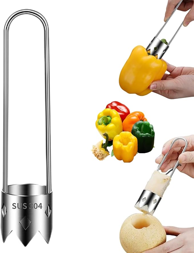 Red Bell Pepper Corer & Apple Corer Tool, 304 Stainless Steel Bell Pepper Seed Remover, Vegetable & Fruit Corer for Stuffed Peppers, Pear, Pineapple, Easy Clean Dishwasher Safe Kitchen Prep Tool