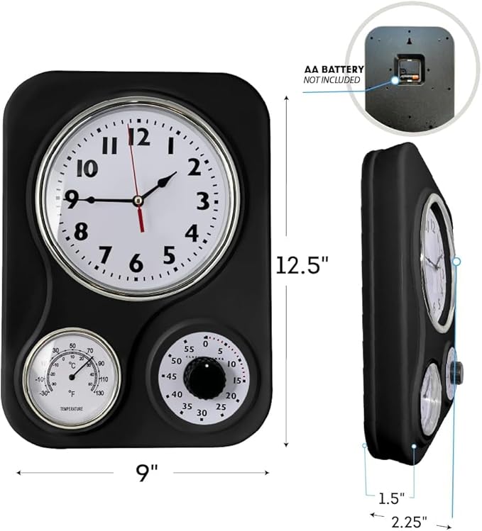 Lily's Home - 9.5 Inch x 12.5 Inch - Retro Kitchen Wall Clock, Vintage Wall Clock with a Thermometer and 60-Minute Timer, Ideal for Any Kitchen, Office, or Diner (Black)