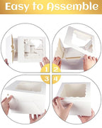 qiqee 10x10x5 Cake Box, 18 Sets White Cake Box with Window ＆ 18 Sets 10" White Cake Round Boards, 10inch Cake Containers, 10 Meters Gold Silk Ribbon