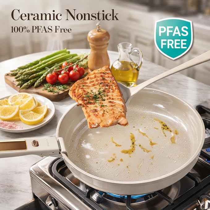 CAROTE 18Pcs Ceramic Cookware Set with Detachable Handle, Pots and Pans Set Non Stick, Non Toxic Cookware Set Removable Handles, Induction Kitchen Cookware Sets, Dishwasher/Oven Safe