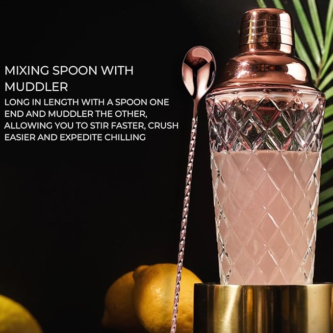 Nikita Cocktail Shaker, 5-Piece Martini Shaker & Bartender Kit with Bar Accessories Strainer, Jigger, Spoon & Muddler, Rose Gold 16oz Drink Mixer with Bartender Accessories