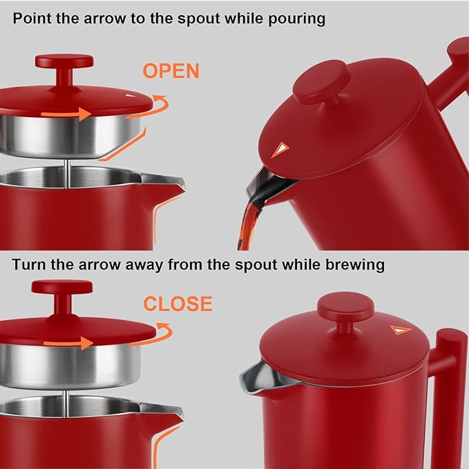 Secura French Press Coffee Maker, 304 Grade Stainless Steel Insulated Coffee Press with 2 Extra Screens, 34oz (1 Litre), Red