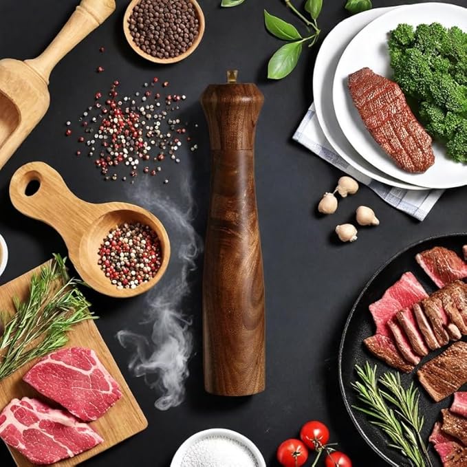 Wooden Pepper Grinder Pepper Mill with Adjustable Coarseness Pepper Grinder Refillable Salt Pepper Grinder Shaker Tableware Gifts Acacia Wood Salt Mill 10 Inch