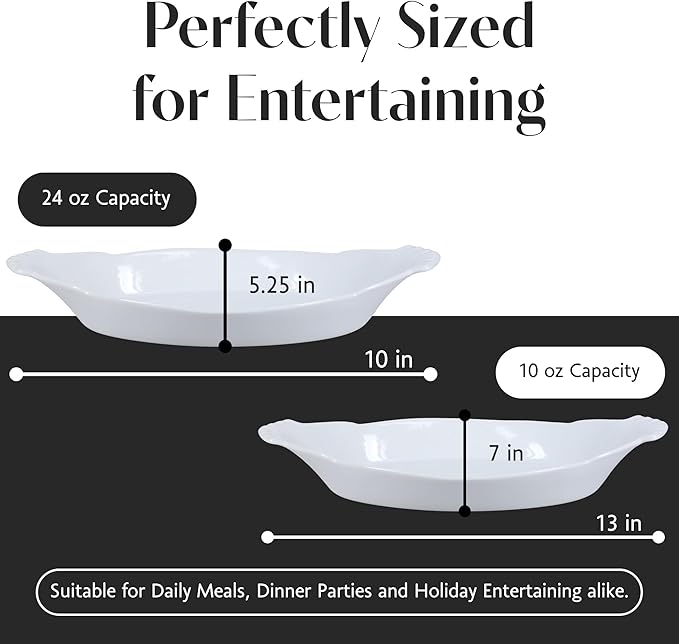 BIA Cordon Bleu Classic Bakeware Set, Oval Au Gratin Dishes - Set of 2 (24 oz & 10 oz), Microwave, Oven & Dishwasher Safe, Glossy White Porcelain for Baking & Serving - Great Gift for Home Chefs