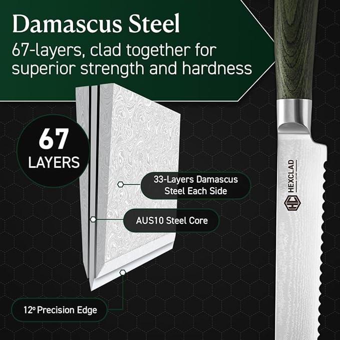 HexClad Bread Knife, 8-Inch Japanese Damascus Stainless Steel Blade, Pakkawood Handle