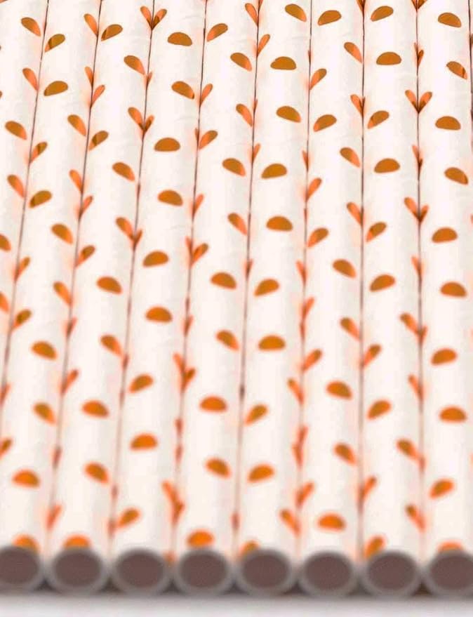 Pack of 150 Rose Gold Polka Dot Foil Biodegradable 4-Ply Paper Drinking Straws (Compostable, Non-toxic, BPA-free)