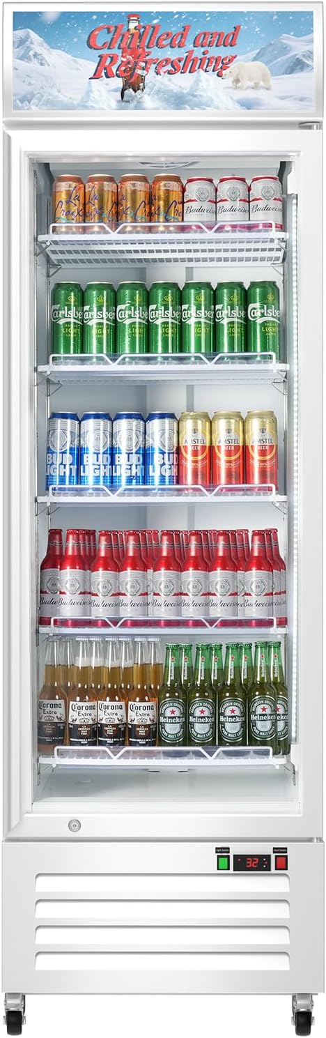 Commercial Beverage Refrigerator with Glass Door, 383L Display Fridge Beverage Cooler with Customizable Lightbox Adjustable Shelves, Drink Fridge Merchandiser for Restaurant Shop, White