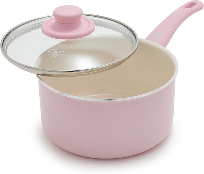 GreenLife 2.5QT Nonstick Saucepan with Glass Lid, Soft Grip, PFAS-Free Ceramic, Multipurpose Chef Pan, Milk & Sauce Cooking Pot, Dishwasher & Oven Safe to 350˚F, Stay-Cool Handle, Pink