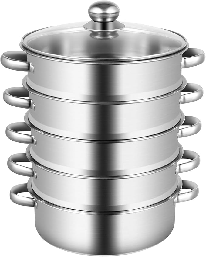 5-Tier Stainless Steel Steamer, 12.59 * 2.75inch Cooking Tools Pan Set Household Cookware Pot Large Capacity Kitchenware Multi-Purpose Kitchen Implements Stackable Vegetable Pan w/Glass Lid