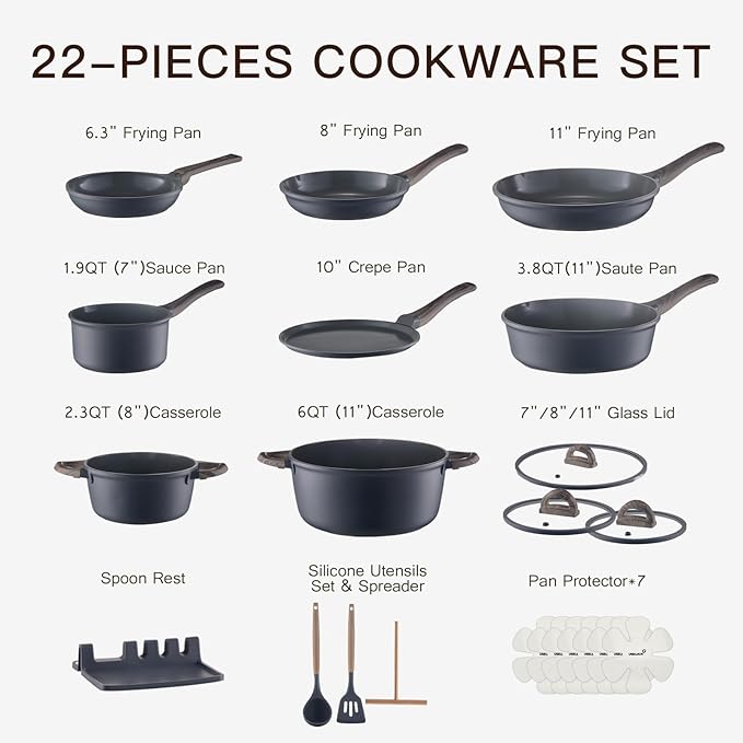 Pots and Pans Set Nonstick 22 Pcs, Ceramic cookware set Non-Toxic CoatingGray Granite Kitchen Cookware Set, Induction Kitchen Cooking Set w/Frying Pans, Saucepans & Glass Lids, PFOS & PFOA Free