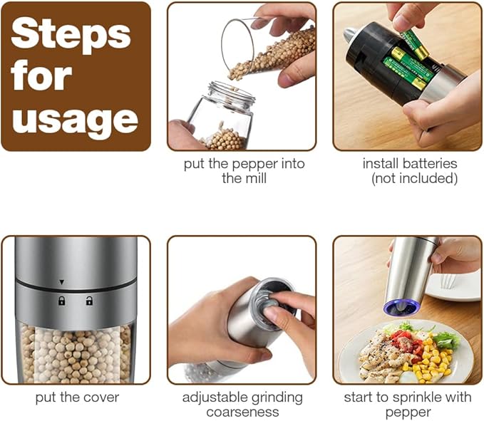 Gravity Electric Salt and Pepper Grinder Set, Adjustable Coarseness, Automatic Shakers Mill Grinder with LED Light, Upgraded Larger Capacity, One Hand Operated (Sliver 2 Pack)