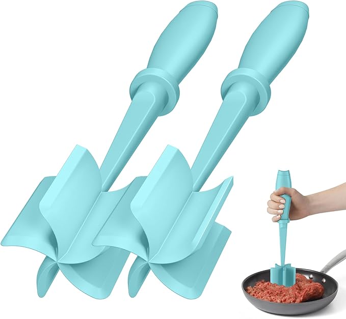 2 Pcs Meat Chopper, Upgrade Hamburger Grinder, Premium Heat Resistant Meat Masher for Ground Beef, Nylon Smasher Tool, Non Stick Mix Chopper, Hamburger Smasher Safe-Aqua