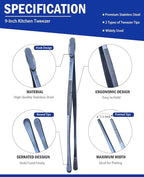 JETKONG 2 Pcs 9-Inch Cooking Tweezer Tongs Stainless Steel Kitchen Tweezers Plating Tongs (Navy Blue)