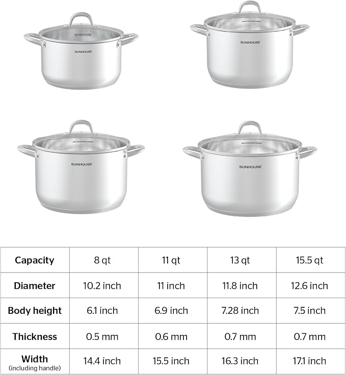 SUNHOUSE 8 Quart Stock Pot with Lid - 3-Ply Bottom Stainless Steel Pasta Cooking Canning Dutch Oven Pot - Induction Compatible for All Stovetops - Dishwasher Safe & Oven Safe