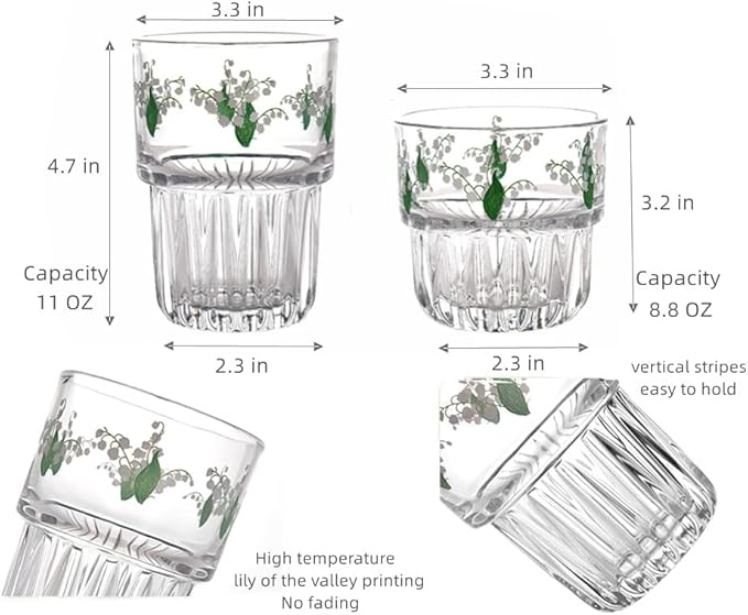 Set of 2 Floral Drinking Glasses Flower Glass Coffee Cups Cute Lily of the Valley Glass Cups for Juice,Iced Coffee,Milk,Tea,Dessert,Latte,Stackable Flower Glassware Drinkware Set(green)