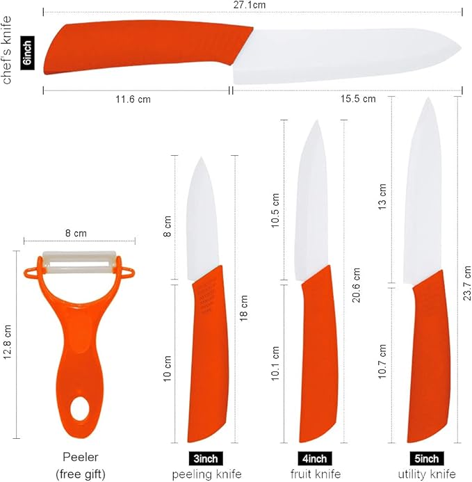 5-Pieces Ceramic Knife Set,Sharp Ceramic Knife with Block Stand,Steak Knife,Orange Kitchen Knives With Anti-Slip handle,Includes 6"Chef Knife,5"Utility Knife,4"Vegetable Knife,3"Bread Knife,1''Peeler