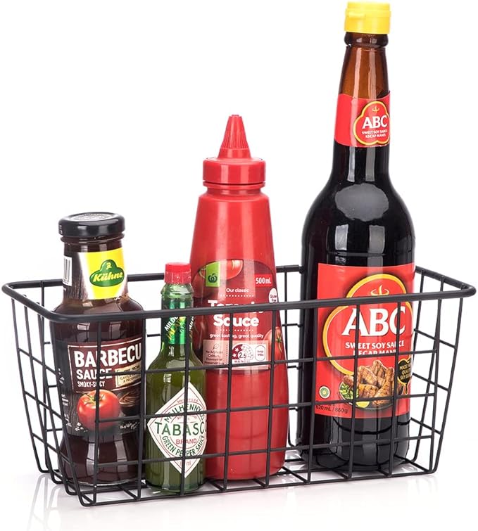 Hanging Kitchen Baskets Adhesive Sturdy Wire Storage Baskets with Kitchen Food Pantry Bathroom Shelf Storage No Drilling Wall Mounted,Black,4 Pack