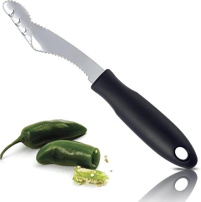 Jalapeno Corer Tool with Serrated Slice and Rubber Handle Easily Seed Remover or Slice off Vegetables tops for Efficient Cooking and Grilling