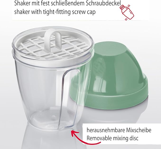 Westmark Spinderella Salad Spinner 4.4L and Shaker Cup Mixing Egg 0.25L - Non-Slip Spinner with Rotary Knob and Spout - Shaker with Screw Lid and Mixing Disc - Mint Green