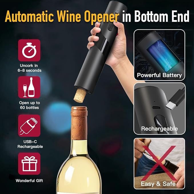 Electric Wine Opener Wine Preserver 2-in-1, Wine Opener Electric Corkscrow at BOTTOM + Vacuum Wine Preserver Pump at TOP | Automatic Wine Opener & Wine Saver COMBINED, Nice Home Gifts