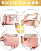 qiqee 8x8x5 Cake Box, 18 Sets Pink Cake Box with Window ＆ 18 Sets 8" Pink Cake Round Boards, 8inch Cake Containers