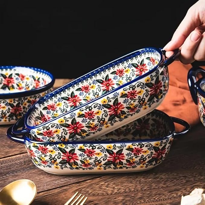 Ceramic Baking Casserole Dish with Handles,Elegant Floral Design Rectangular Lasagna Pan Bakeware for Baking Cooking, Roasting, Broiling, Gratin
