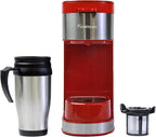Kenmore Single Serve Coffee Maker – 6–12 Oz Brew Sizes, Compatible with Keurig K‑Cup Pods & Ground Coffee, One Cup Brewer, Travel Mug Friendly, Auto Shut‑Off, Hot & Iced maquina de cafe, Red