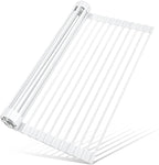 MERRYBOX Roll Up Over The Sink Dish Drying Rack Silicone Wrapped Foldable, Heat-Resistant, Anti-Slip Sink Rack Multipurpose Dish Drainer for Kitchen Sink Counter - White, 17.5" x 11"