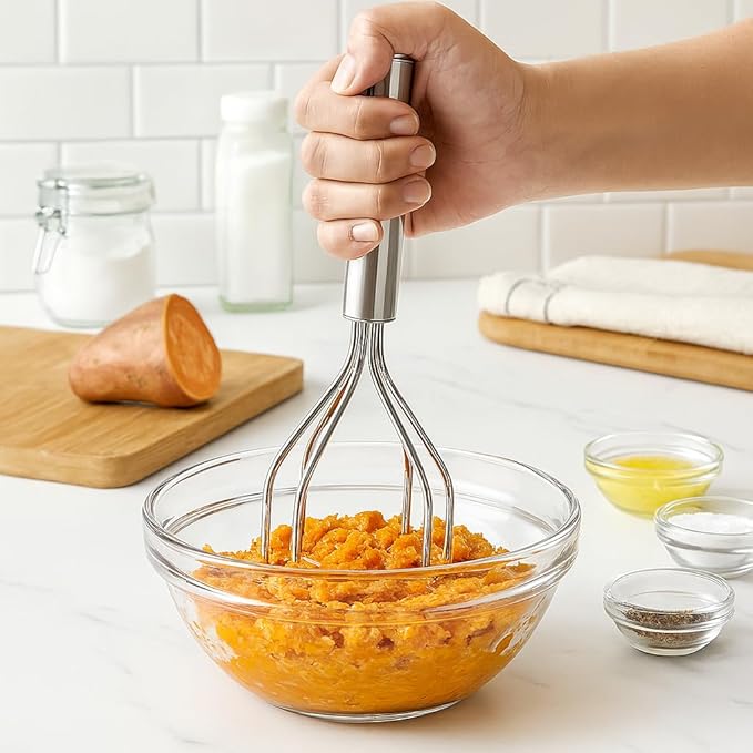HIC Kitchen 2-In-1 Mix N’Masher Potato Masher, 18/8 Stainless Steel, For Potatoes, Vegetables, Fruits, Guacamole, Baby Food, And Eggs
