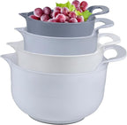 Mixing Bowls - 4 Piece Nesting Plastic Mixing Bowl Set with Pour Spouts and Handles - Non Slip Bottom and Measurement Markings (Light Gray)