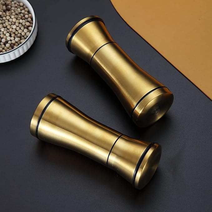 Kyraton Gold Salt and Pepper Shakers, Titanium Plating Stainless Steel Salt and Pepper Grinders Refillable Pepper Grinder, Pepper Mill, Salt Grinder, Salt Shaker, Salt Pepper Shaker Set of 2