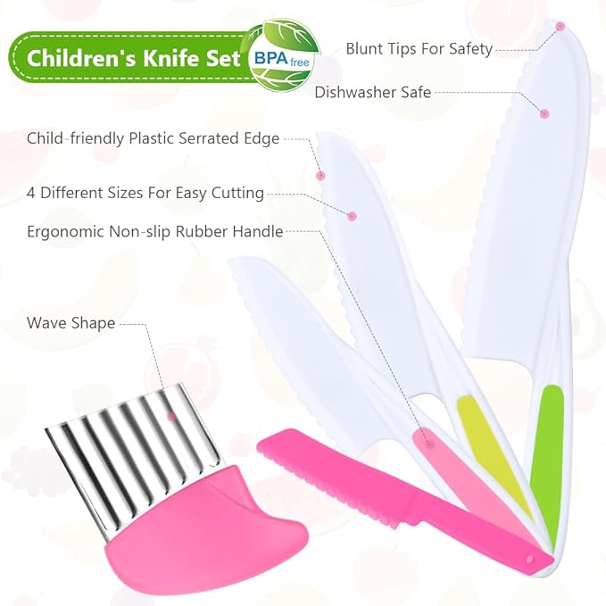 Montessori Kitchen Tools,6Pieces Knives for Kids Nylon Kids Safe Cooking Knives Serrated Edges,Y Peeler For Cooking and Cutting Fruit,Suitable for Children and Beginners