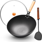 WANGYUANJI 12.6 Inch Flat Bottom Iron Wok with Glass Lid and Wooden Handle, Non-Coated, Naturally Nonstick Stir Fry Pan for Gas, Electric & Induction Stovetops