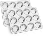 TeamFar 12-Cup Muffin Pan, Stainless Steel Cupcake Pans Muffin Tin Set for Oven Baking Mini Brownies Quiches Tarts, Non Toxic & Regular Size, Dishwasher Safe – Set of 2