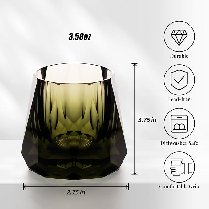 KAMMAK Crystal Whiskey Glasses Set of 2, 5.3oz Old Fashioned Glasses Stemless, Hand Blown Colored Cocktail Glasses, Engagement Gifts for Couples, Women, Men
