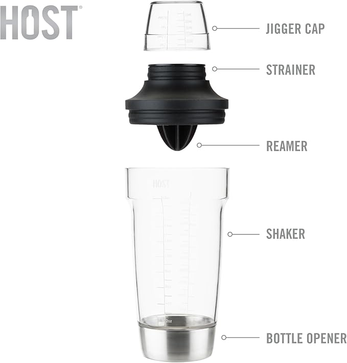 Host All in One Cocktail Shaker Set with Measurements, Reamer, Bottle Opener, Strainer and Jigger for Cold Brew Cocktails, Home Bar, Bartending, Camping, Picnic, Outdoor Party, On the Go, 18 oz