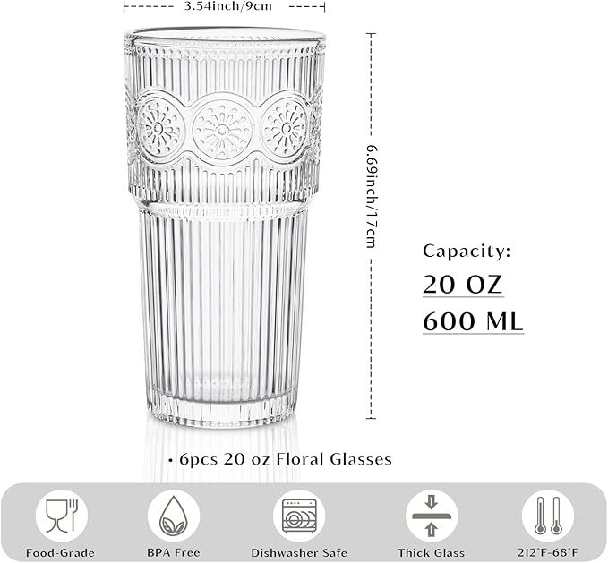 INSETLAN 20oz Ribbed & Floral Glasses Drinking Set of 6- Clear Glass Tumbler, Reusable Glass Cups for Iced Coffee, Water, Beer, Smoothies, Tea, and Juice – Perfect for Party and Daily Use