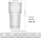 INSETLAN 20oz Ribbed & Floral Glasses Drinking Set of 6- Clear Glass Tumbler, Reusable Glass Cups for Iced Coffee, Water, Beer, Smoothies, Tea, and Juice – Perfect for Party and Daily Use