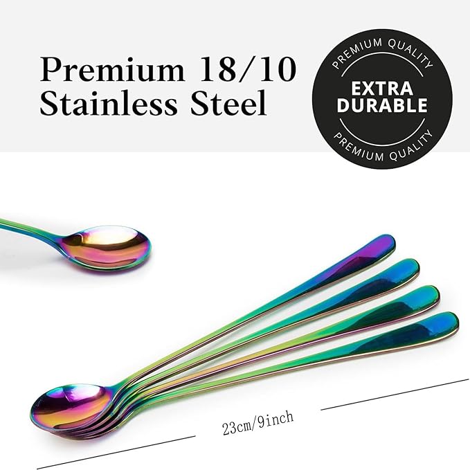 Long-handled ice tea spoon, cocktail stir spoons, stainless steel coffee spoons, ice cream scoop Set of 4 (9 IN)