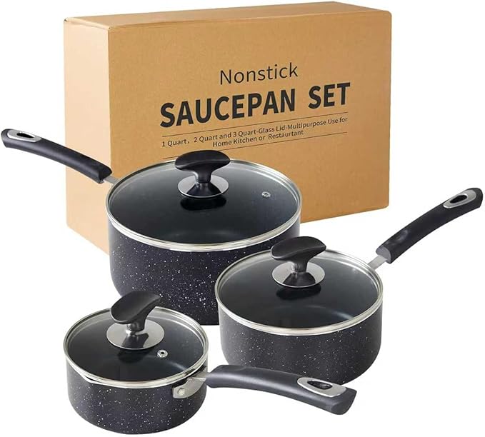 Nonstick Saucepan with Lid, Non Stick 1Qt & 2Qt & 3Qt Sauce Pan Set with Silicone Handle,Small Milk Pot with Glass Lid for Home Kitchen