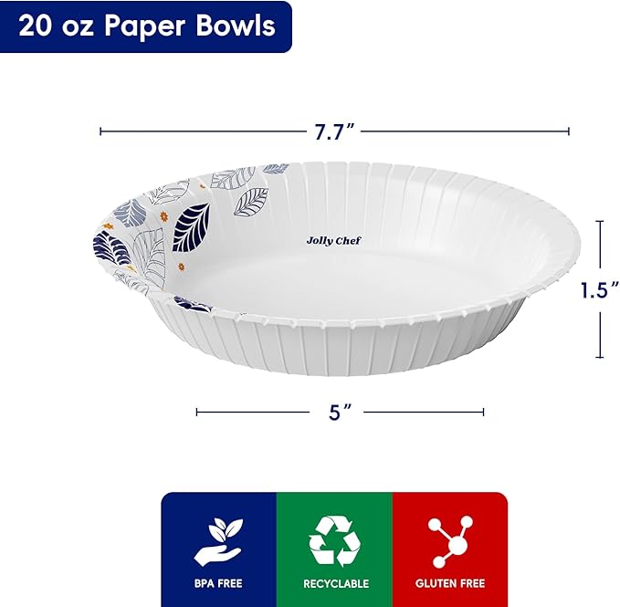 JOLLY CHEF 160 Count Paper Bowls 20 oz Soak Proof and Cut Proof Microwave Safe Heavy Duty Leaf Printed Disposable Bowls for Dinner or Thanksgiving