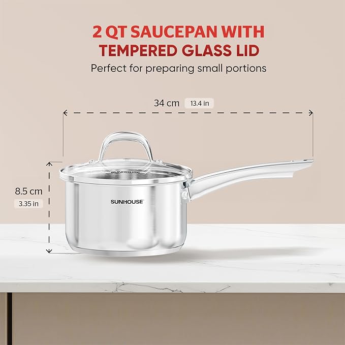 SUNHOUSE – 2 Quarts Stainless Steel Sauce Pan with Lid - PFOA-Free, Stainless Steel Sauce Pan, Advanced Impact Bonding Induction Base, Stay-Cool Handle, Compatible with All Cooktops