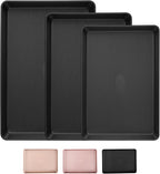 Sakerplus Nonstick Baking Sheet Pan Set of 3, Heavy Duty Cookie Sheets for Oven with Stripe Texture Pattern, 0.6mm Thick Quarter/Half/Jelly Roll Pans, Rust-Resistant & Easy Clean (Black)