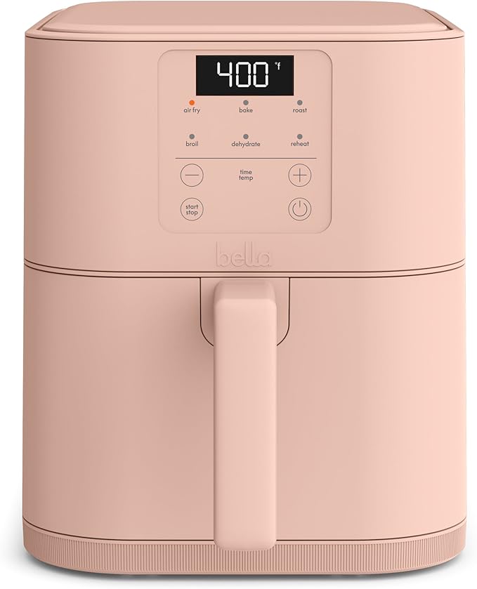 bella 6 Qt Slim Air Fryer, Fits-anywhere™ Kitchenware, EverGood™ Ceramic Nonstick Coating, Adjustable Temperature, 6 Preset Cooking Options, 60 Min Auto Shutoff w Audible Tone, 5lb Capacity, Blossom