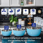 WHYSKO® Stainless Steel Mixing Bowls (Set of 3) with Non-Slip Silicone Base for Kitchen, Dishwasher Safe Bowls for Meal Prep, Cooking, Baking, Serving, Food Storage (Light Blue)