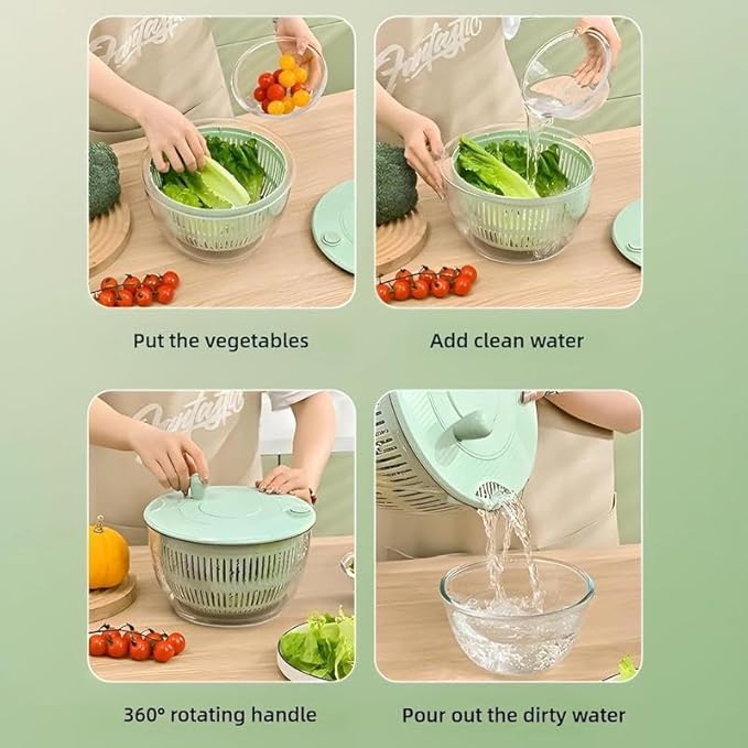 Salad Spinner Chopper Large with 5 Blades Slicer, Vegetables Fruits Wash Bowl, Lettuce Spinner and Dryer, Egg Yolk Strainer Slicer Shredder for Kitchen Colander, 5.3 Qt, Green